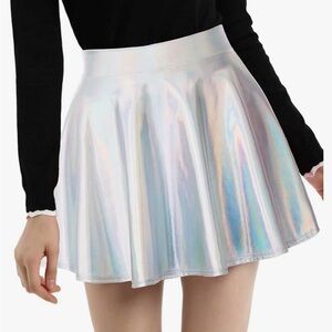Kate Kasin Women's Shiny Metallic Skater Skirt Fashion Flared Mini Skirt